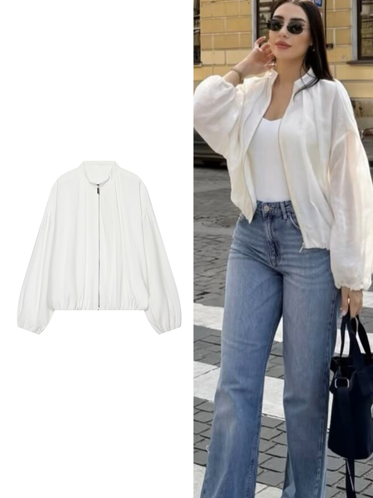 Women'S Fashion Bomber Jacket - TFMLN เสื้อแจ็คเก็ตบอมเบอร์ผู้หญิงรุ่นใหม่ ดีไซน์เก๋ ซิปคอตั้ง มีกระเป๋า ลายทางสีสันสดใส