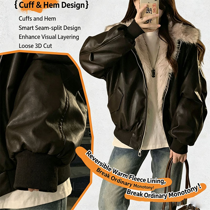 Women'S Fashion Bomber Jacket - เสื้อแจ็คเก็ตมีฮู้ดบุขนแกะหนานุ่มสำหรับฤดูหนาว สไตล์เกาหลี แฟชั่นผู้หญิง ทรงหลวม ซิปหน้า หนังเทียม