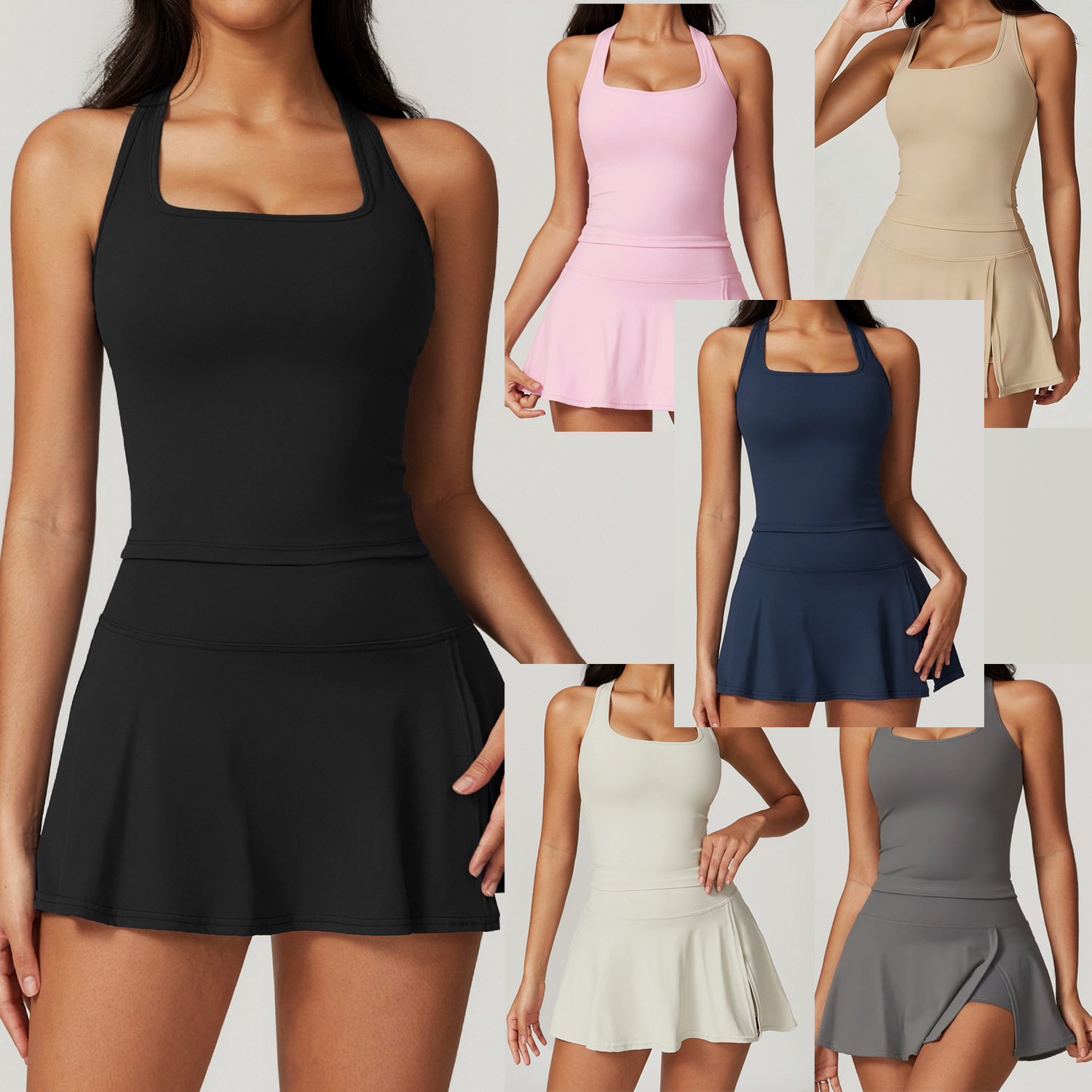 V Neck Cami Top - ชุดเทนนิส 2 ชิ้นสำหรับผู้หญิง กระโปรงสั้นผ่าข้าง เสื้อครอปออกกำลังกายแบบ Racerback
