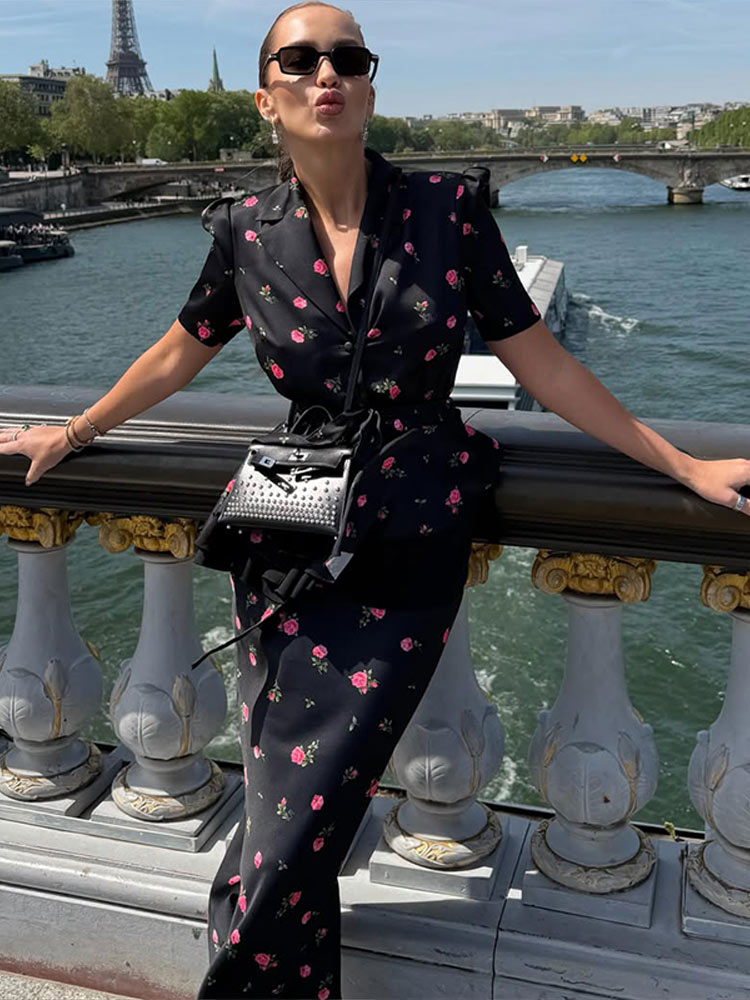 Women'S Fashion Trends Spring 2026 - ชุดเซ็ตเสื้อเบลเซอร์ลายดอกไม้ กระโปรงยาวปานกลาง สำหรับผู้หญิง ดีไซน์หรูหรา ปกเสื้อแบบลา펠 แขนสั้น