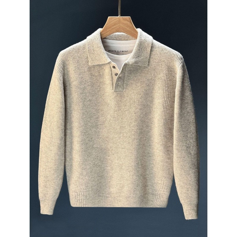 Ribbed Knit Sweater - เสื้อสเวตเตอร์ผู้ชายคอปกแบบโปโล ติดกระดุมครึ่งตัว แขนยาว ผ้าถักลายริบ สำหรับลุคธุรกิจลำลอง