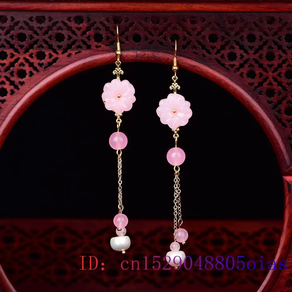 Women Fashion Jewellery - ต่างหูหยกสีชมพู ประดับด้วยพลอยคาลเซโดนี ของขวัญเครื่องรางคริสตัล เครื่องประดับผู้หญิง แฟชั่นธรรมชาติ ประดับด้วยเพทายนำโชค