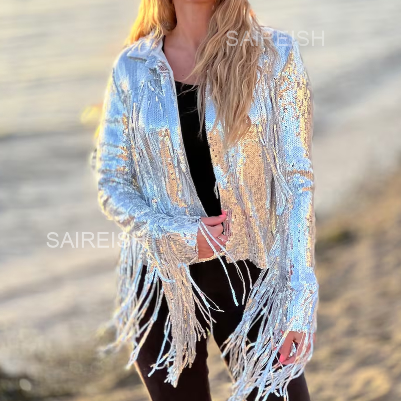 Women'S Fashion Bomber Jacket - Harajuku Unisex เลื่อม Fringed Dance Performance