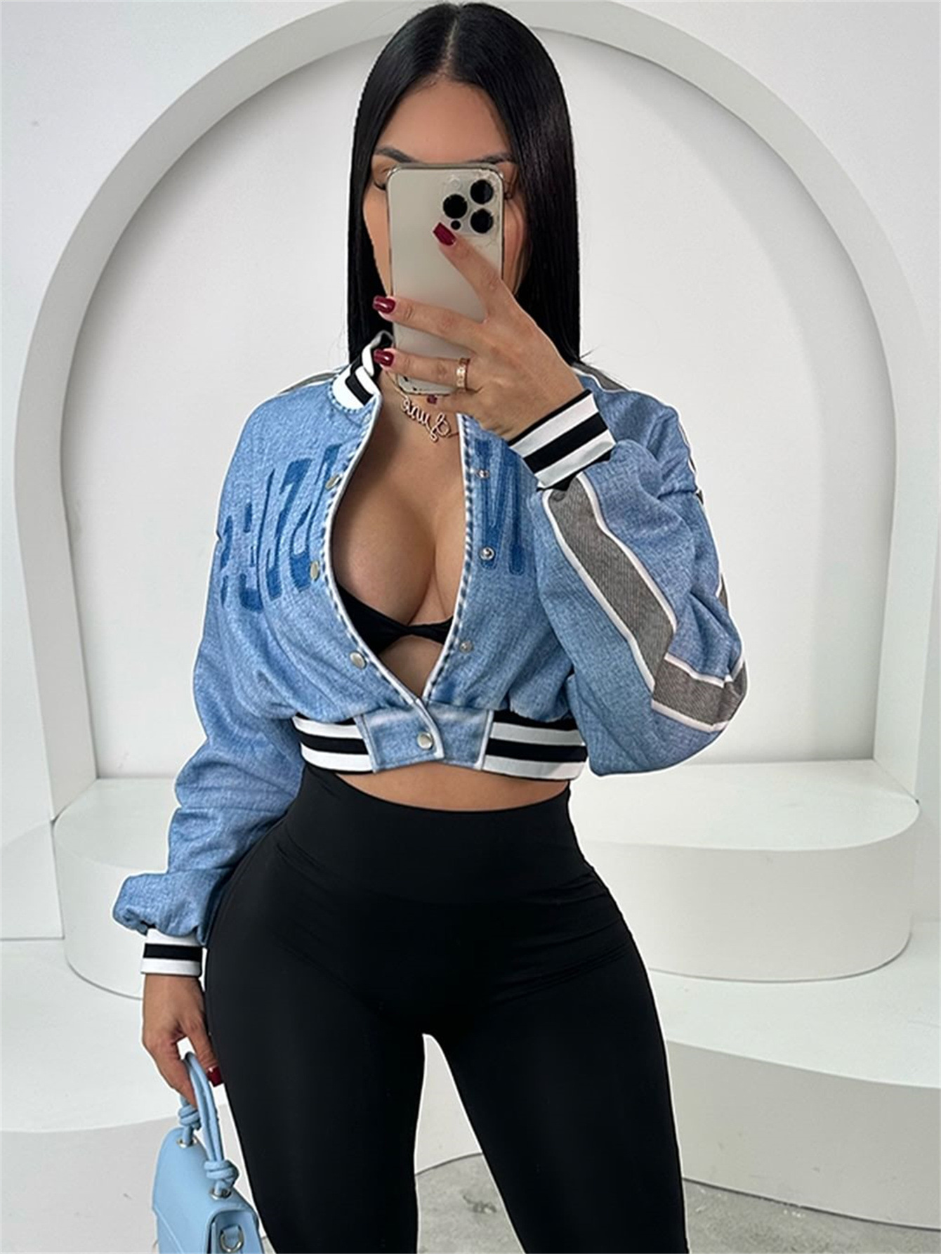Women'S Fashion Bomber Jacket - แจ็คเก็ตยีนส์ทรงบอมเบอร์สไตล์ยุโรป-อเมริกัน พิมพ์ลาย ครอป แขนยาว ทรงหลวม แฟชั่นผู้หญิง