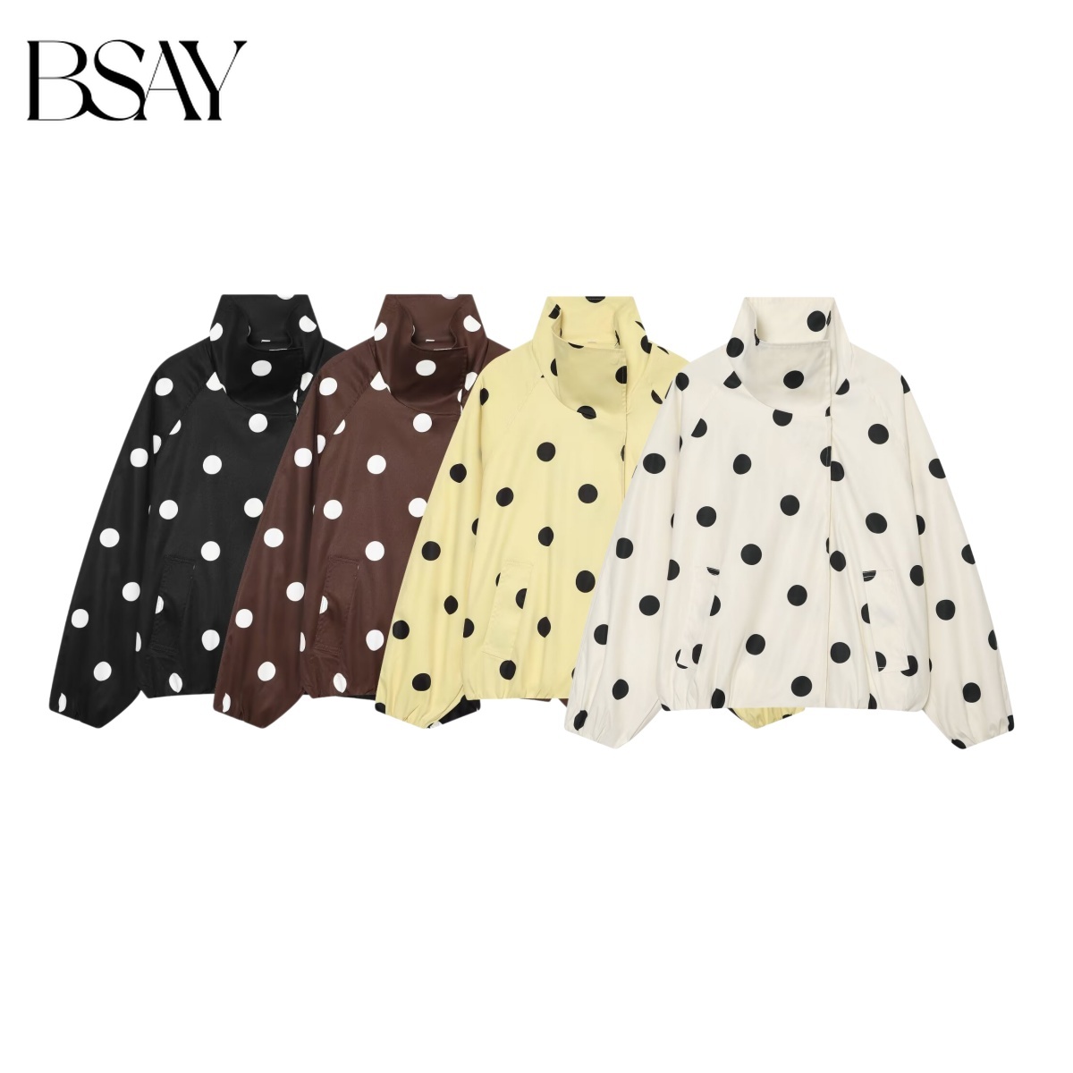 Women'S Fashion Bomber Jacket - BSAY 2026 เสื้อแจ็คเก็ตบอมเบอร์ลายจุดแฟชั่นใหม่สำหรับผู้หญิง ดีไซน์อเนกประสงค์ คอตั้ง ซิปหน้า