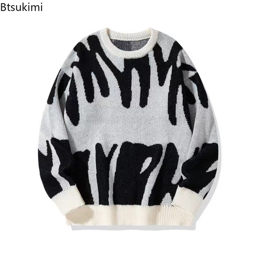 Ribbed Knit Sweater - เสื้อสเวตเตอร์ไหมพรมคอโอทรงหลวมสไตล์เกาหลีสำหรับผู้ชาย ฤดูใบไม้ร่วง-ฤดูหนาว ดีไซน์สีตัดกัน ลำลอง สตรีทแวร์ โดดเด่นมีเอกลักษณ์