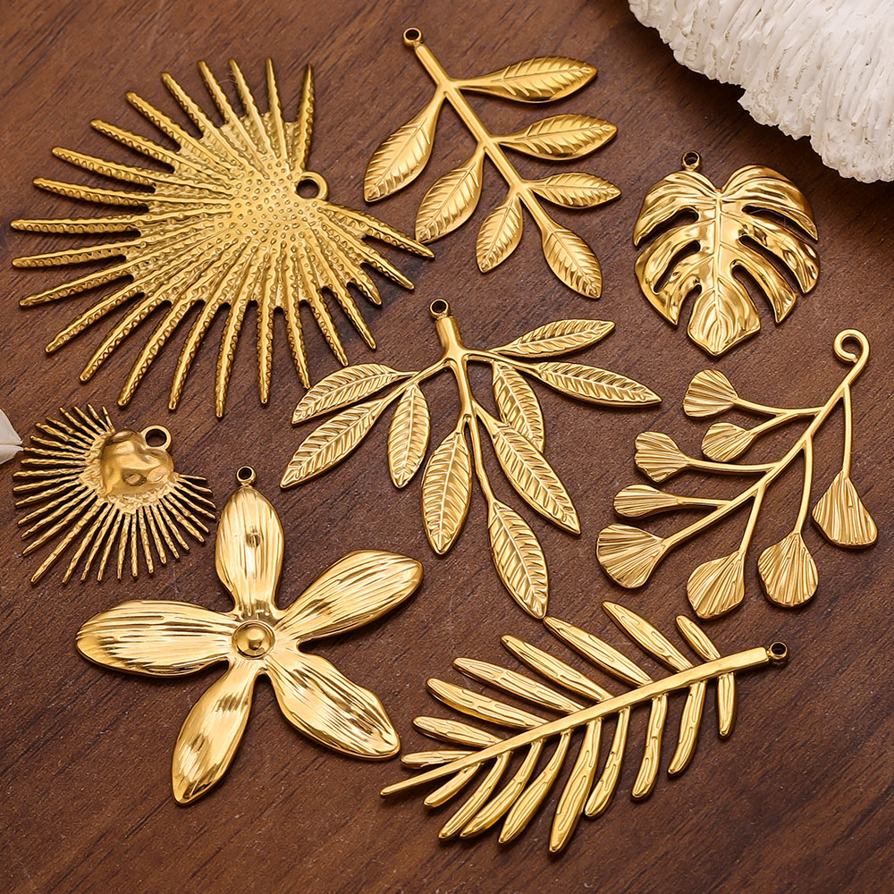 Women Fashion Jewellery - จี้รูปใบไม้ดอกไม้ขนาดใหญ่ทำจากสแตนเลส 5 ชิ้น สำหรับทำเครื่องประดับผู้หญิง จี้สร้อยคอ จี้รูปต้นไม้