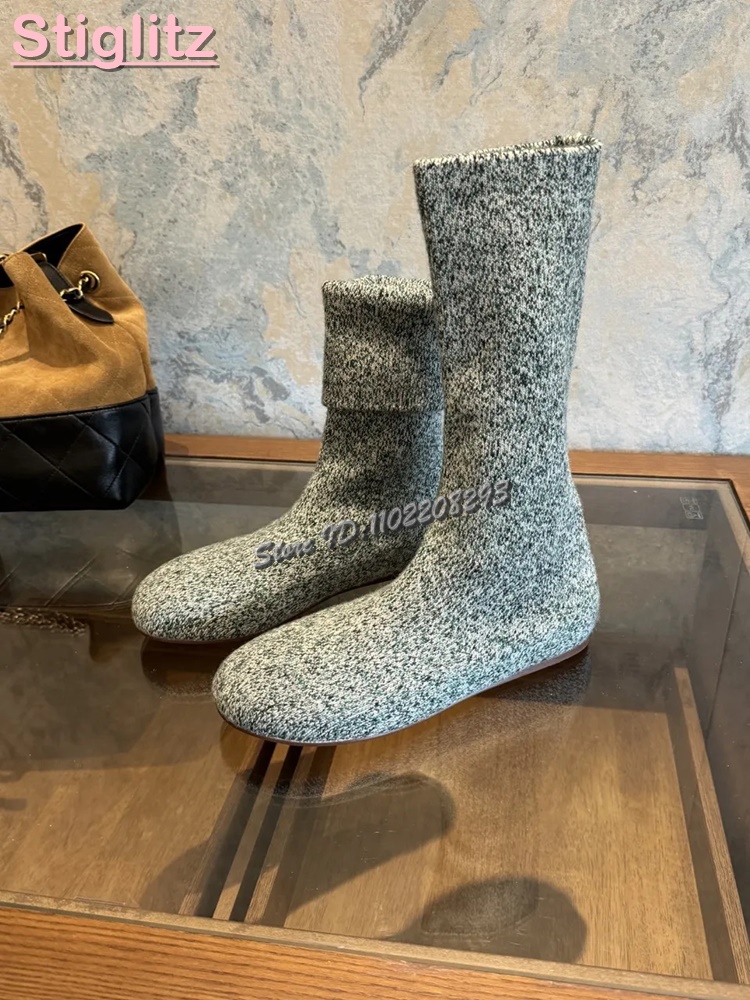 Women'S Fashion Socks - รองเท้าบูทถักทรงกลมแบบสวม ปลายเท้าแบน ยืดหยุ่น ความยาวครึ่งน่อง แฟชั่นใหม่ ฤดูใบไม้ร่วง