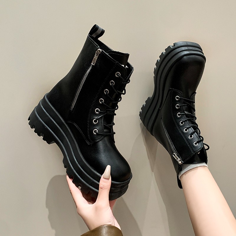 Women'S Fashion Socks - ฤดูใบไม้ร่วง/ฤดูหนาวใหม่ซิปด้านข้างแพลตฟอร์มรองเท้าเดียวผู้หญิงแฟชั่นรอบ Toe ด้านหน้า LACE-Up Non-SLIP Shorthole
