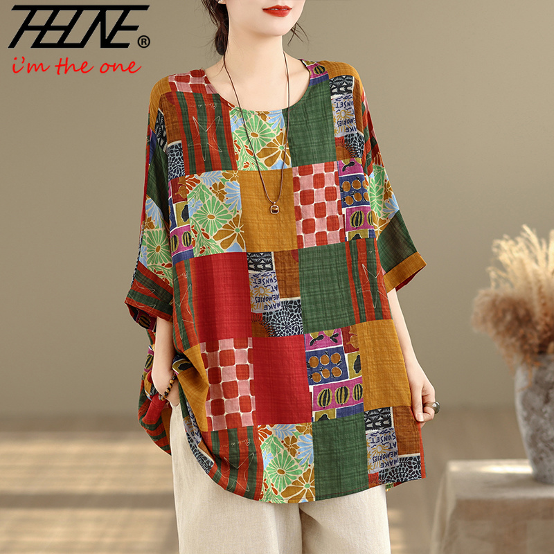Women'S Fashion Jersey - เสื้อเชิ้ตผู้หญิง THHONE ลายพิมพ์ ทรงหลวม ไซส์ใหญ่ ผ้าฝ้ายลินิน