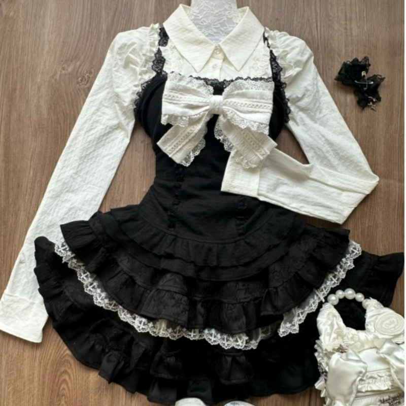 Women'S Y2K Fashion Aesthetic - Y2kความงามLolitaสไตล์ 3 ชิ้นชุดผู้หญิงKawaiiสีขาวเสื้อลูกไม้เสื้อกั๊กRuffleกระโปรงมินิญี่ปุ่นแฟชั่นGothicชุดกระโปรง
