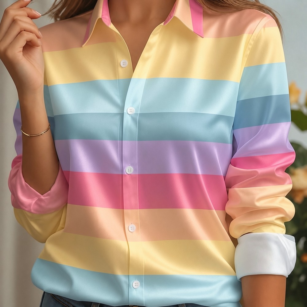 Women'S Fashion Jersey - เสื้อเชิ้ตผู้หญิง ปกผ้าซาติน ลายทางพาสเทล แขนยาว ทรงหลวม สไตล์หรูหรา