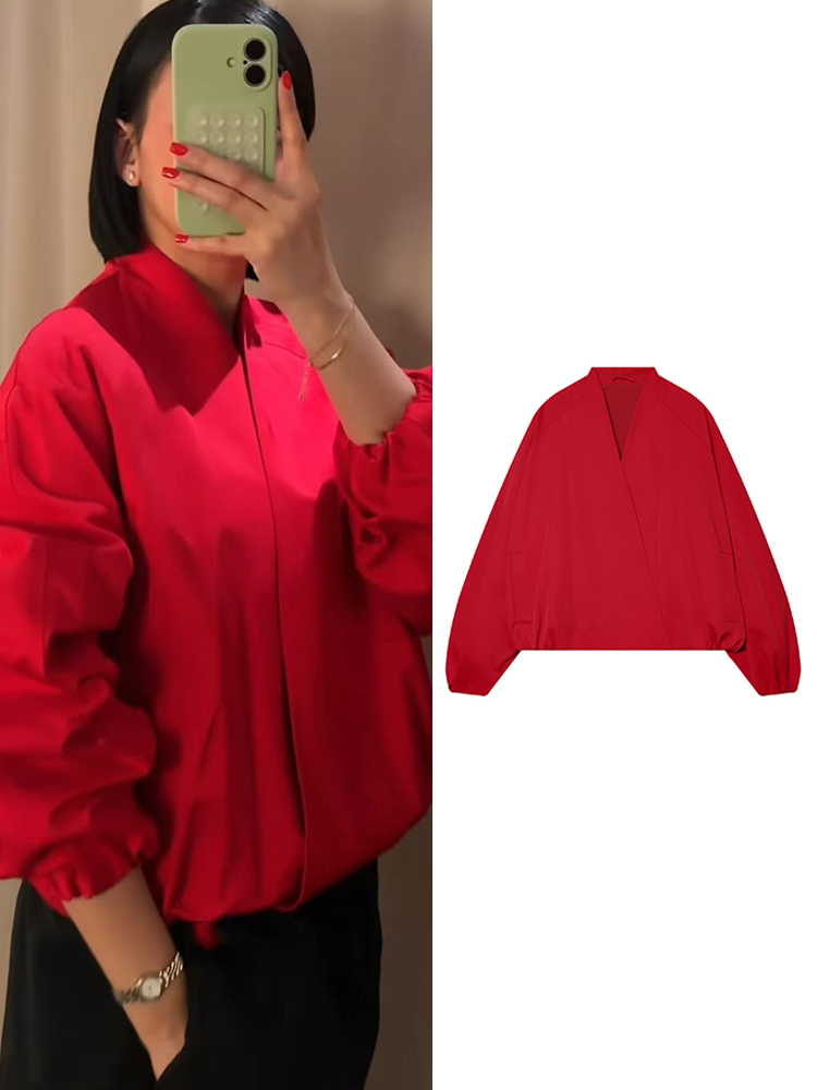 Women'S Fashion Bomber Jacket - เสื้อแจ็คเก็ตบอมเบอร์สีแดงแฟชั่น TFMLN สำหรับผู้หญิง ทรงหลวม คอวี แขนยาว