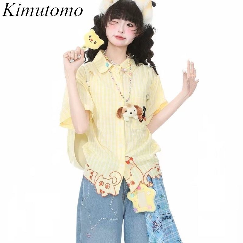 Women'S Y2K Fashion Aesthetic - คิมูโตโมเสื้อผู้หญิงลายปักลายแมวแขนสั้นแฟชั่นหวานวินเทจ Y2k สไตล์ฮาราจูกุเสื้อสตรีลำลอง