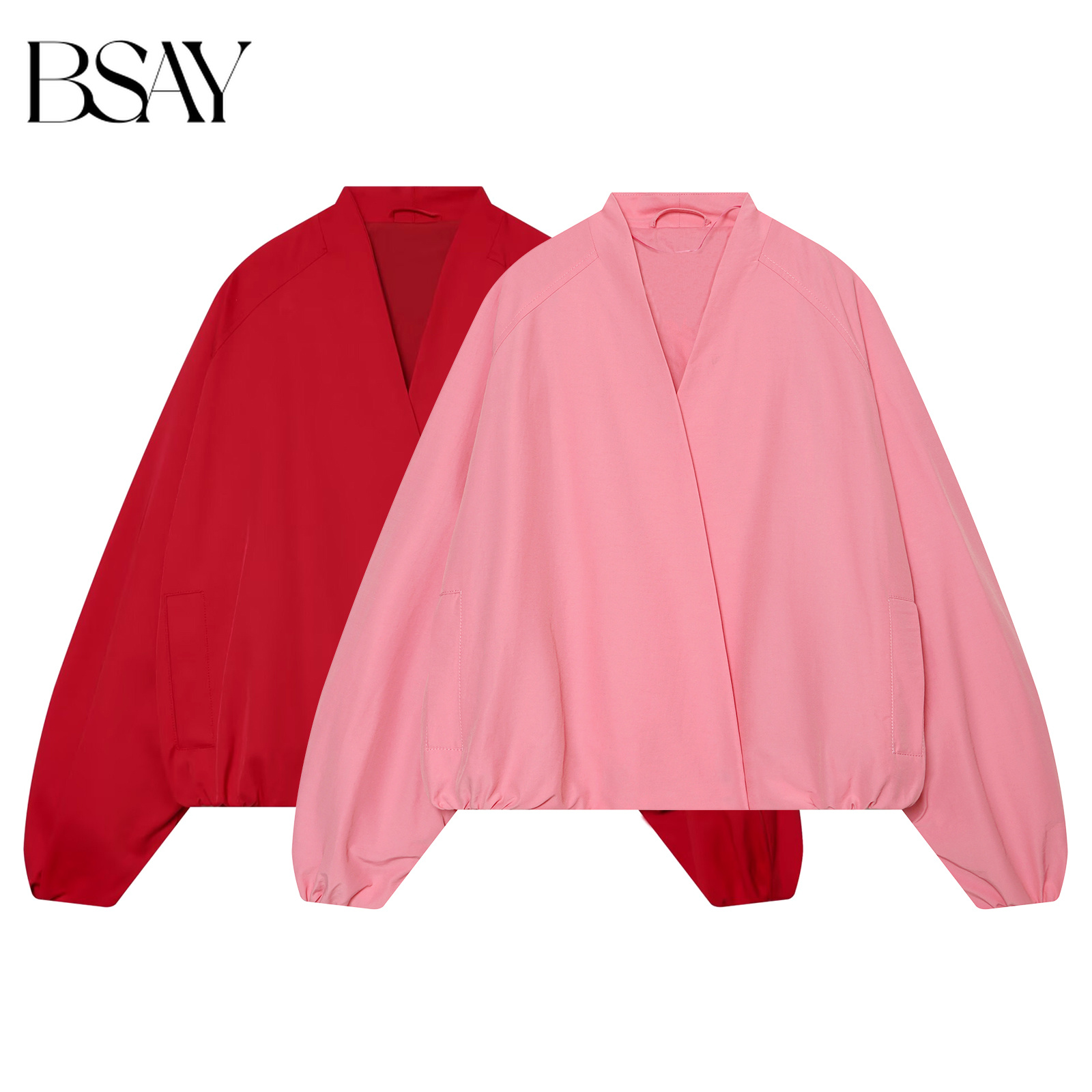 Women'S Fashion Bomber Jacket - BSAY เสื้อแจ็คเก็ตบอมเบอร์แฟชั่นสำหรับผู้หญิง คอวี แขนยาว ปลายแขนยางยืด มีกระเป๋า