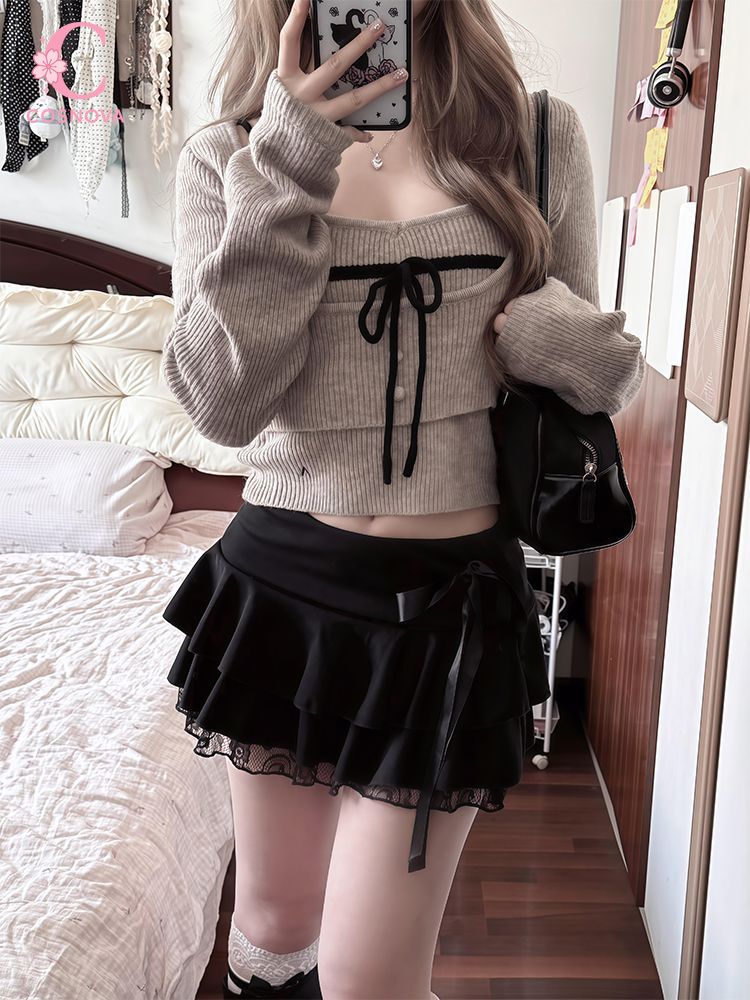 V Neck Cami Top - ชุดเซ็ต 3 ชิ้น สไตล์วินเทจญี่ปุ่นสำหรับผู้หญิง เสื้อสายเดี่ยวถักแบบครอปท็อป ผูกโบว์