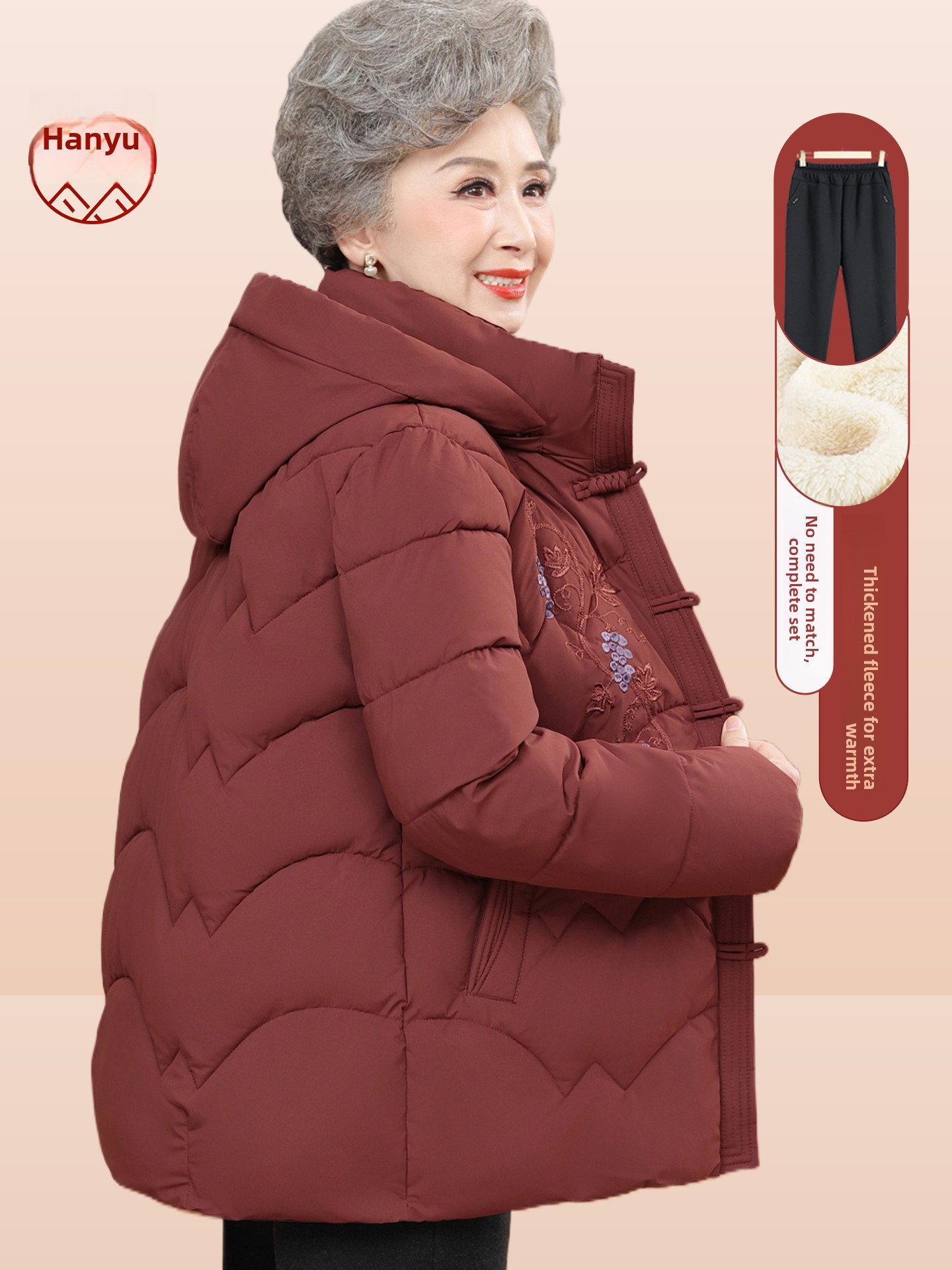 Women Fashion Over 60 - เสื้อแจ็คเก็ตผ้าฝ้ายบุขนแกะปักลายหนาสำหรับผู้หญิงสูงวัย เสื้อโค้ทกันหนาวฤดูหนาว กางเกงขายาว แฟชั่นสไตล์แขนปกติ
