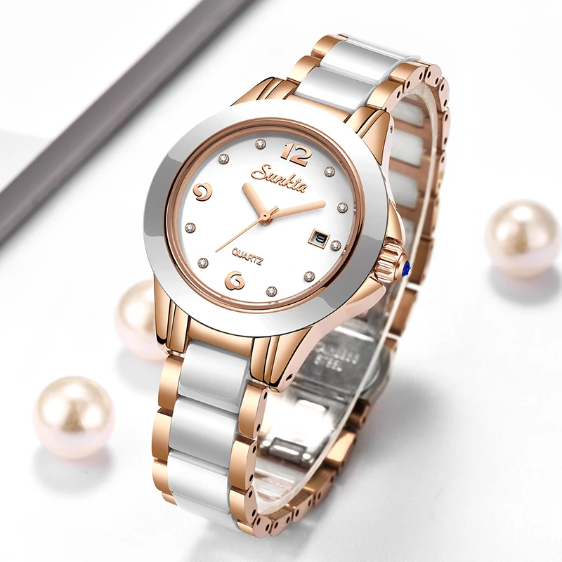 Women'S Fashion Quartz Watch - ซุนก้าต้าแฟชั่นนาฬิกาควอทซ์ผู้หญิงลำลองหรูหราเซรามิคเพชรปฏิทินกันน้ำสุภาพสตรีนาฬิกาผู้หญิงมงเตร เฟมม์