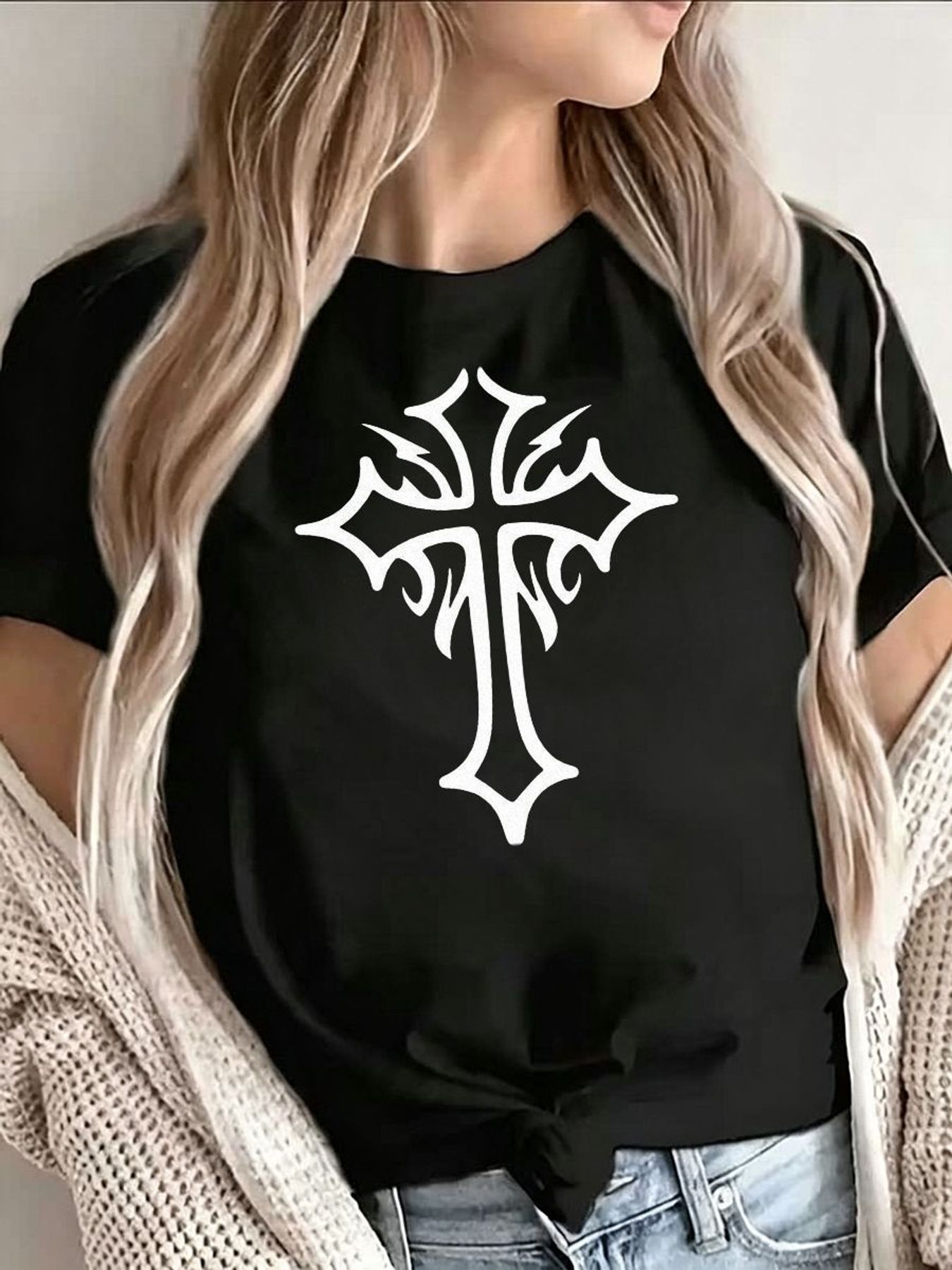 Women'S Y2K Fashion Aesthetic - เสื้อยืดลายกางเขนสไตล์โกธิค แฟชั่นสตรีทแวร์ ยืดได้ ไซส์ใหญ่ แขนสั้น สไตล์ลำลอง