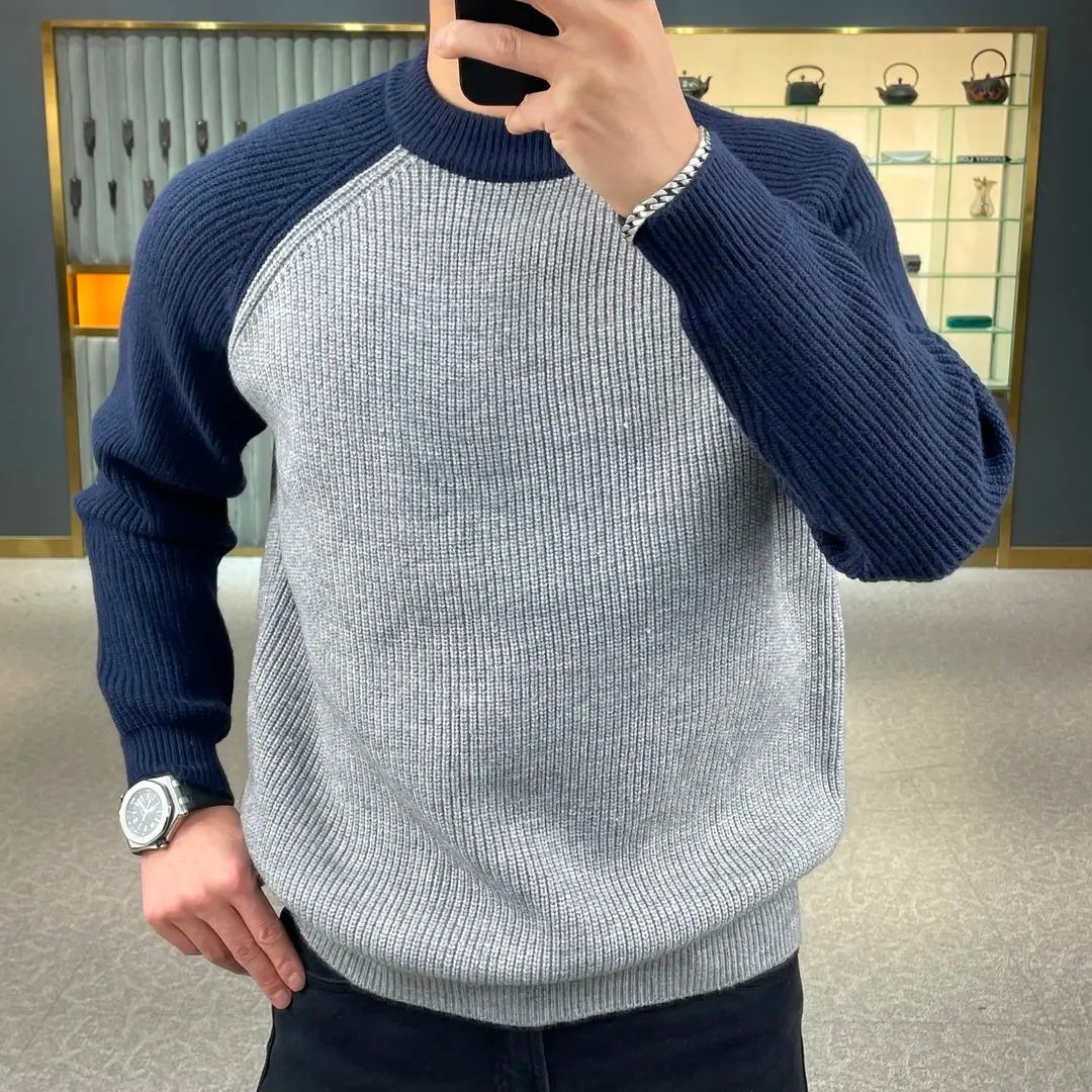 Ribbed Knit Sweater - ฤดูใบไม้ร่วงและฤดูหนาวเสื้อสเวตเตอร์สวมหัวที่ถูกบล็อกสีอบอุ่นทันสมัย เสื้อสเวตเตอร์ฐานผู้ชายยุโรปและอเมริกาหลวมและลําลอง