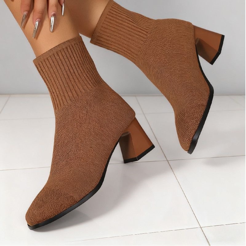 Women'S Fashion Socks - รองเท้าบูทสั้นหัวเหลี่ยมแบบถักยืดหยุ่น ส้นหนาทรงบล็อก ส้นสูง แฟชั่นฤดูใบไม้ร่วง ลำลอง กระชับข้อเท้า