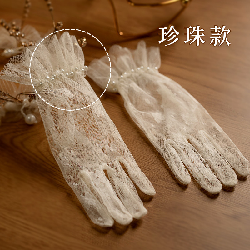 Women Fashion Photoshoot - ถุงมือวินเทจลูกไม้โบว์สั้นผ้าทูลเพิร์ล สำหรับเจ้าสาว สง่างาม เหมาะสำหรับงานแต่งงาน ถ่ายภาพ ชุดทางการ