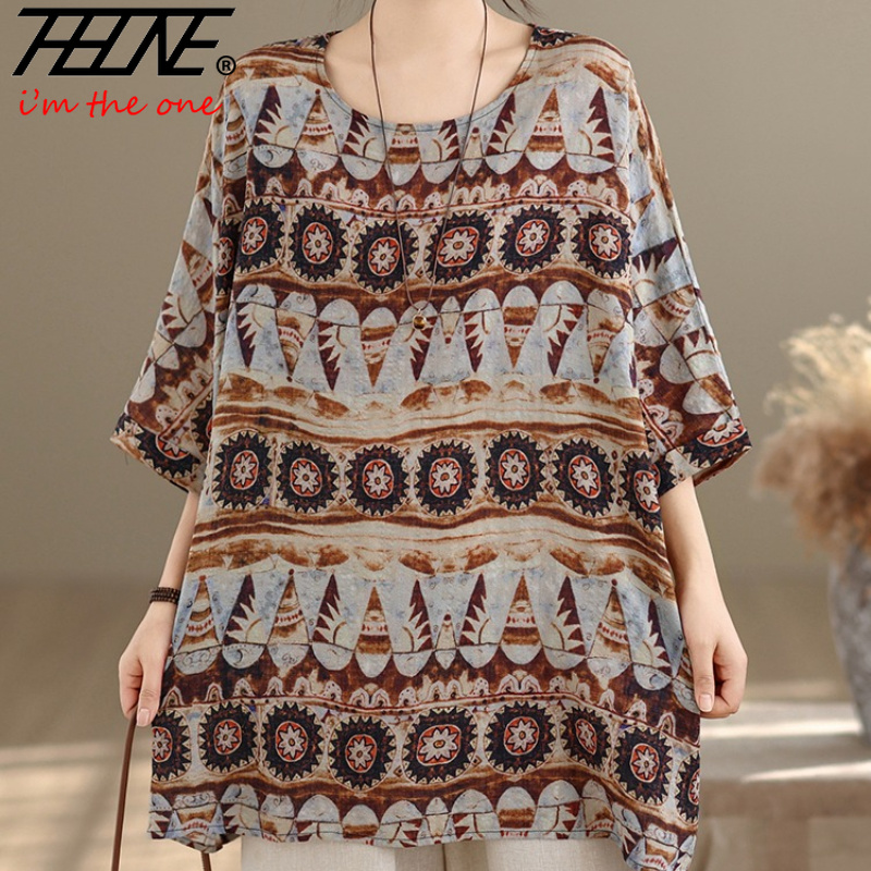 Women'S Fashion Jersey - เสื้อผู้หญิงไซส์ใหญ่ THHONE แฟชั่นฤดูร้อน ผ้าฝ้ายลินิน สไตล์ลำลอง พิมพ์ลายต่อผ้า