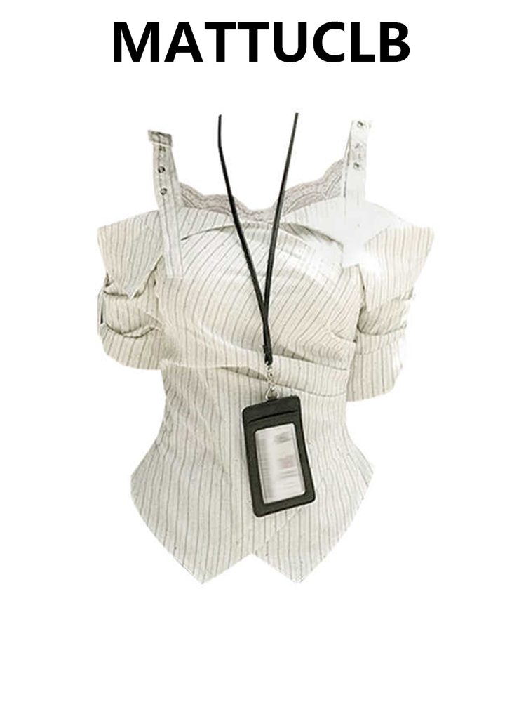 Women'S Y2K Fashion Aesthetic - เสื้อเชิ้ตลายทางแขนสั้นสำหรับผู้หญิง ฤดูร้อน 2026 ดีไซน์เสื้อสไตล์เกาหลี แฟชั่นยุค 2000s