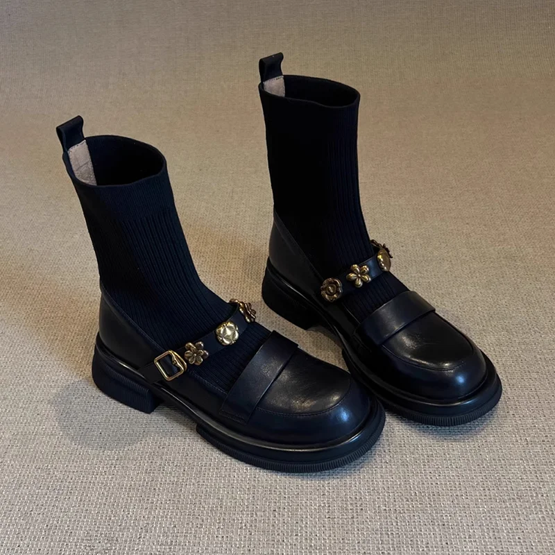 Women'S Fashion Socks - รองเท้าบูทข้อเท้าแบบสานสำหรับผู้หญิง ดีไซน์เนอร์แฟชั่น 2025 สไตล์โกธิค รองเท้าบูทสั้นสำหรับเดินในฤดูหนาว รุ่นใหม่