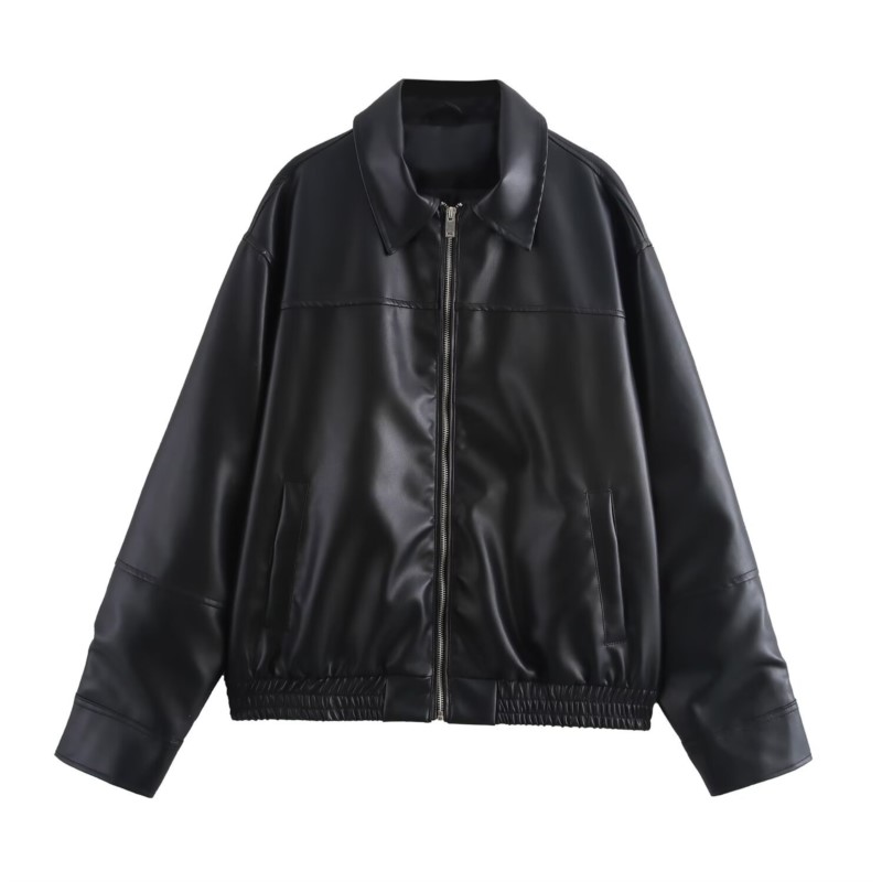 Women'S Fashion Bomber Jacket - แจ็คเก็ตบอมเบอร์หนัง PU วินเทจ รุ่นใหม่สำหรับฤดูใบไม้ร่วง เสื้อโค้ทผู้หญิงแบบมีซิป ปกเสื้อแบบปกเชิ้ต
