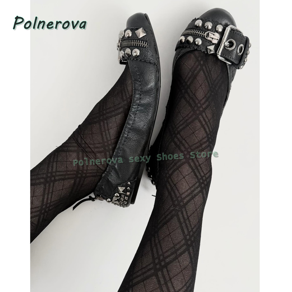 Women Fashion Store - รองเท้าส้นเตี้ยแบบมีซิปประดับตกแต่ง รุ่น Mary Jane หัวแหลม พร้อมหัวเข็มขัดแบบ