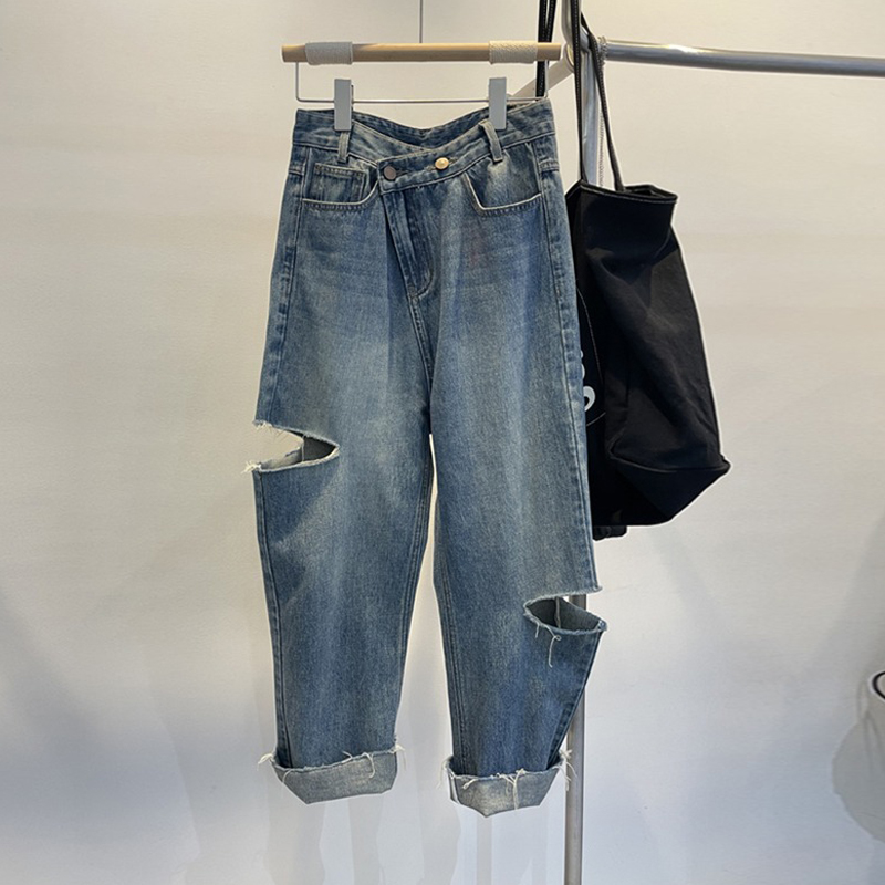 Women Fashion Jeans - ฤดูร้อนผู้หญิง Ripped กางเกงยีนส์เอวสูงซิปข้อเท้าความยาวกางเกงเกาหลีแฟชั่นหลวมหญิงกางเกงยีนส์สีฟ้า