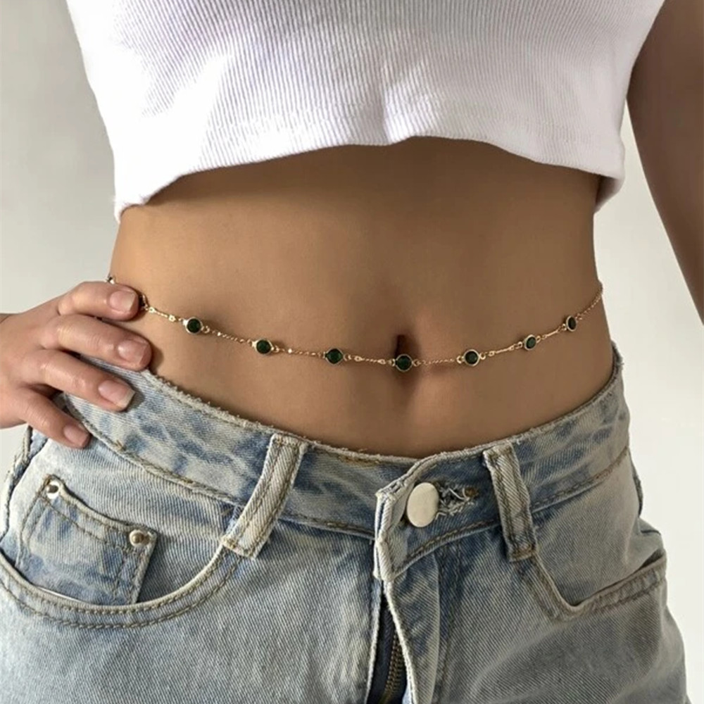 Women'S Y2K Fashion Aesthetic - แฟชั่นเซ็กซี่ Vintage Aesthetic Belly Chain คริสตัลสีเขียวบาง
