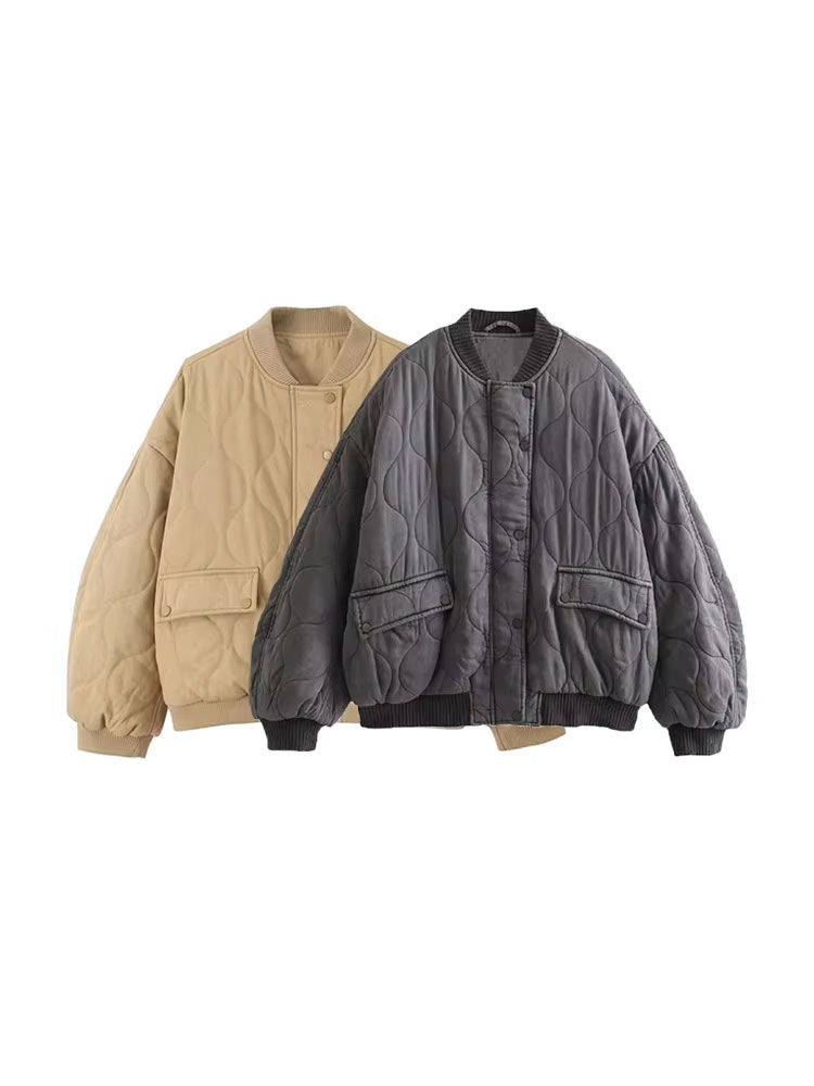 Women'S Fashion Bomber Jacket - เสื้อแจ็คเก็ตบอมเบอร์ผู้หญิงทรงโอเวอร์ไซส์ ผ้าหนานุ่ม อุ่นสบาย แบบควิลท์ สไตล์วินเทจ แขนยาว