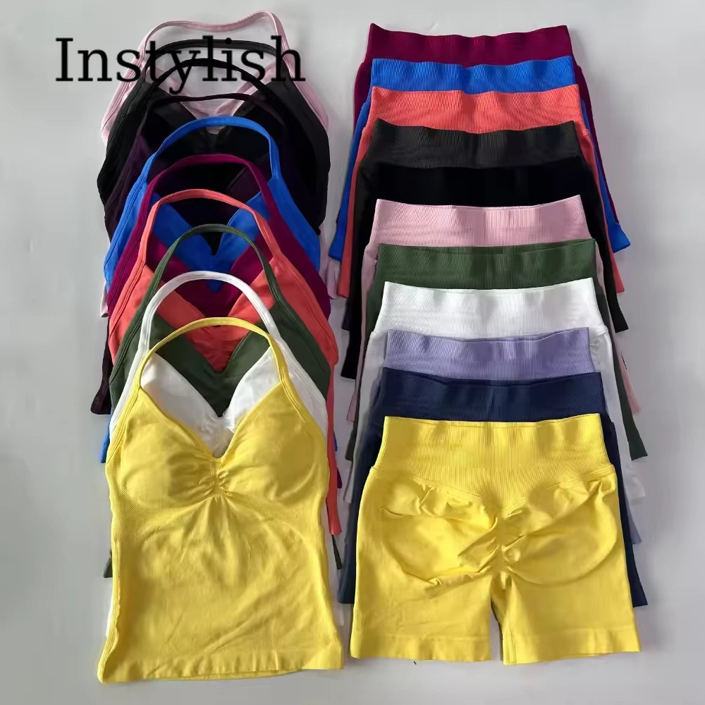 V Neck Cami Top - ชุดโยคะไร้รอยต่อสำหรับผู้หญิง 2 ชิ้น เสื้อสายเดี่ยวคอวีรัดรูป กางเกงเลกกิ้งเอวสูงยืดหยุ่น ชุดออกกำลังกาย
