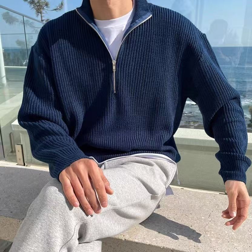 Ribbed Knit Sweater - เสื้อแจ็คเก็ตถักนิตติ้งผู้ชายสไตล์เกาหลีสำหรับฤดูใบไม้ร่วงและฤดูหนาว แบบซิปครึ่งตัว ดีไซน์เรียบง่าย สีพื้น สำหรับใส่เป็นเสื้อนอก