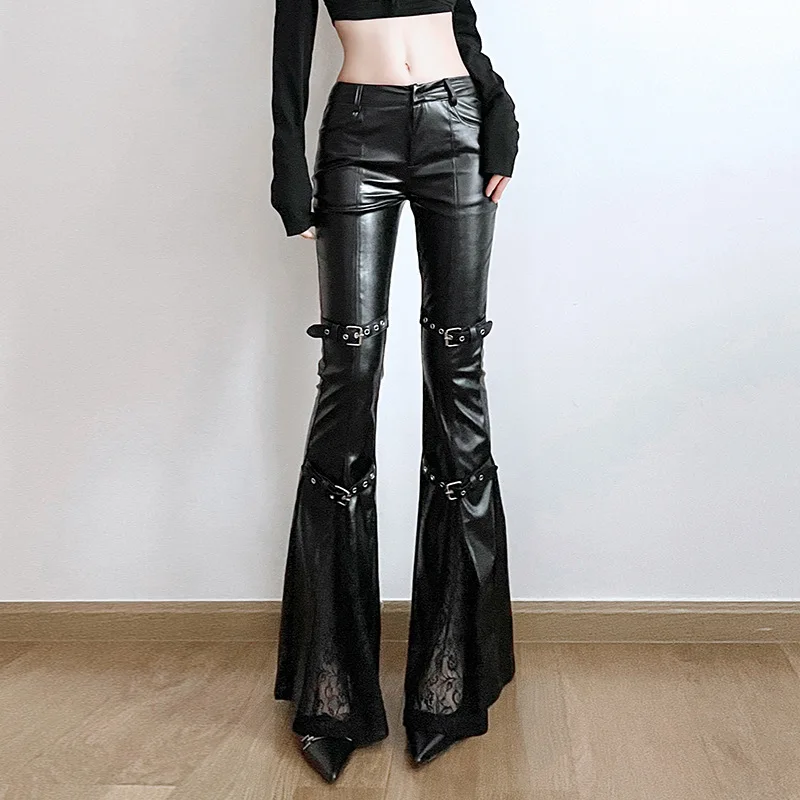 Women'S Y2K Fashion Aesthetic - กางเกงทรงบานหนัง PU สำหรับผู้หญิง, หัวเข็มขัดแบบกอธิค, ตกแต่งด้วยผ้าลูกไม้, สตรีทแวร์สไตล์