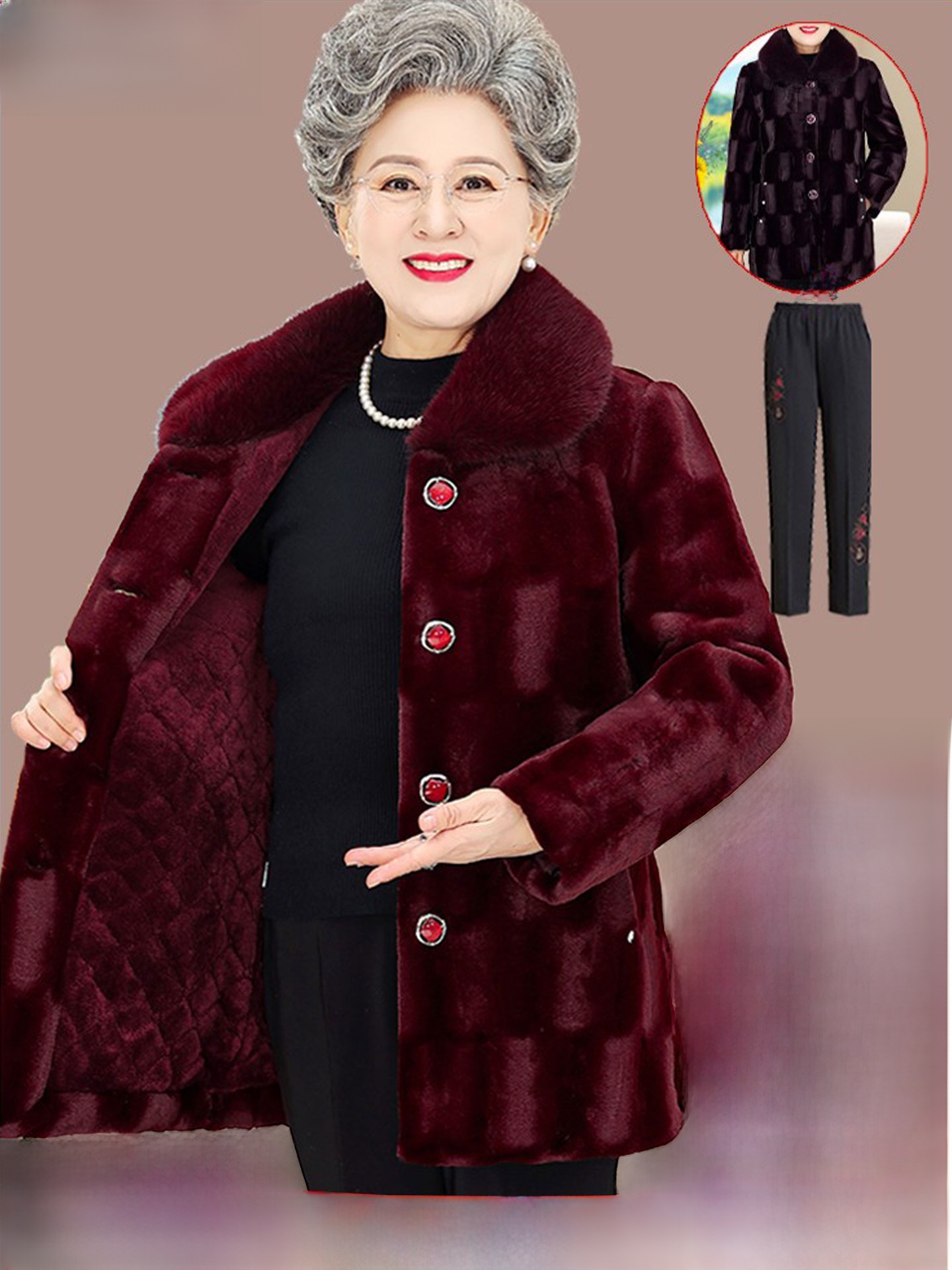 Women Fashion Over 60 - เสื้อโค้ทขนมิงค์หนาแบบยาวปานกลางสำหรับผู้หญิงสูงวัย ให้ความอบอุ่นในฤดูหนาว ดีไซน์ทันสมัย พร้อมกระเป๋าปะ