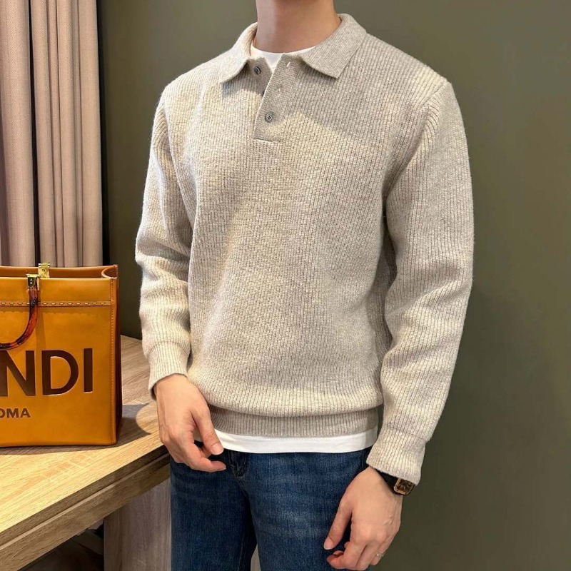 Ribbed Knit Sweater - เสื้อโปโลถักแขนยาว ปกปกติ กระดุมเดี่ยว ปลายแขนริบ ผ้าเนื้อแน่น สีพื้น