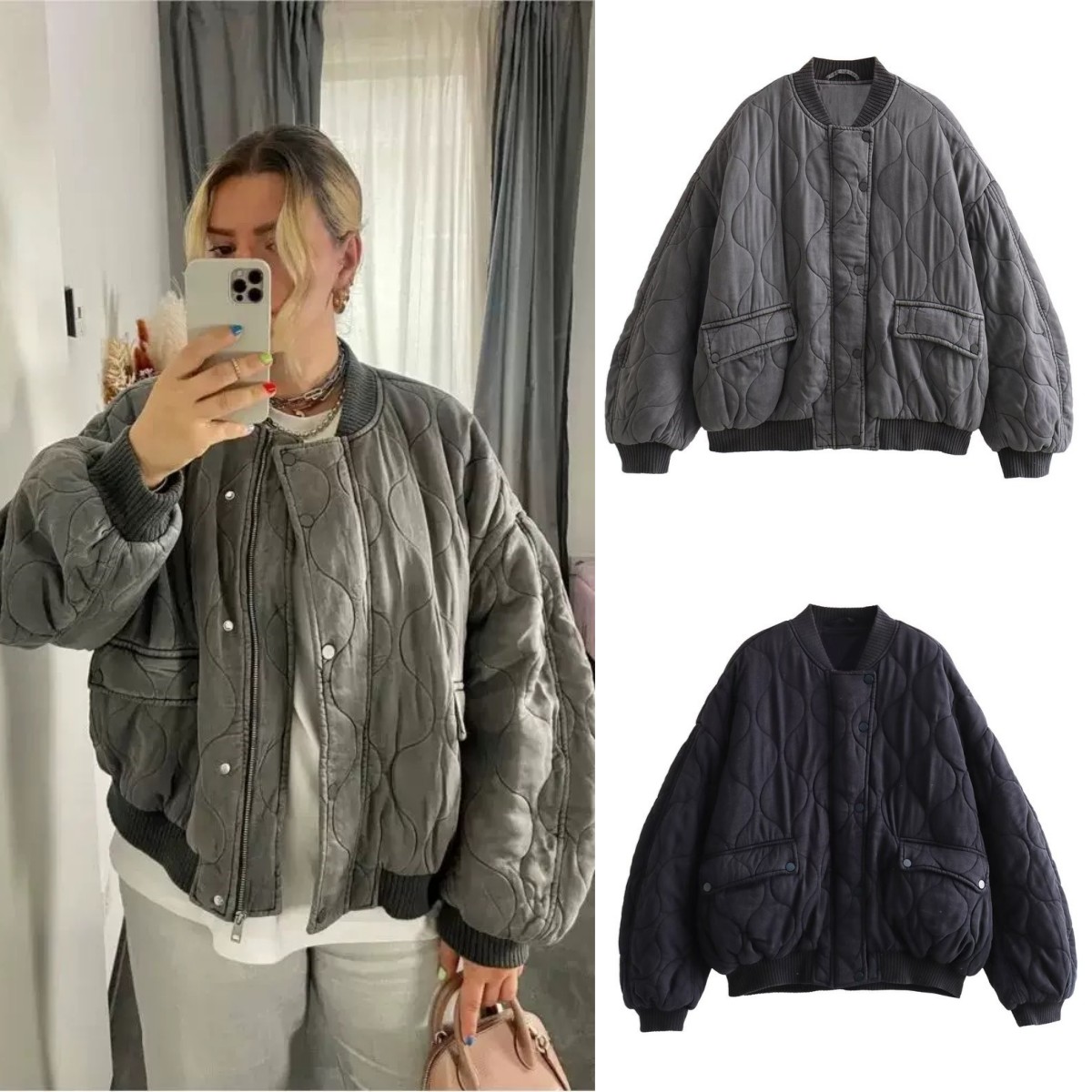 เสื้อแจ็คเก็ตบอมเบอร์ทรงหลวมบุ - Women'S Fashion Bomber Jacket บทวิจารณ์และราคา