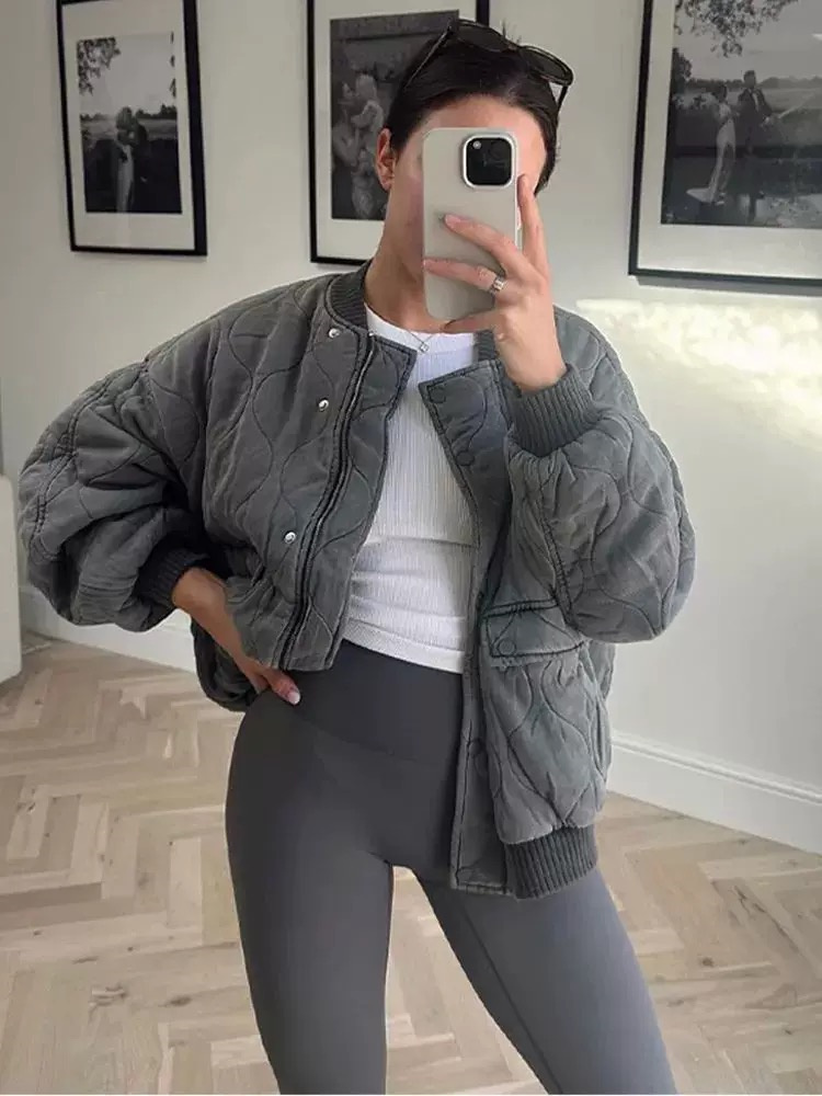 เสื้อแจ็คเก็ตบอมเบอร์ทรงหลวมบุ - Women'S Fashion Bomber Jacket บทวิจารณ์และราคา