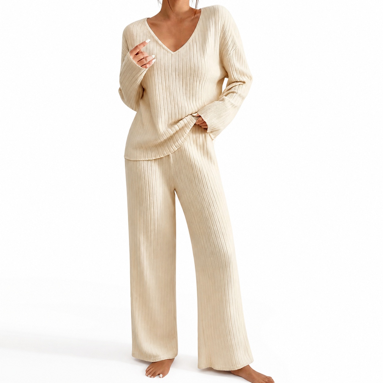 เสื้อสเวตเตอร์ผู้หญิงคอวีทรงหล - Ribbed Knit Sweater บทวิจารณ์และราคา