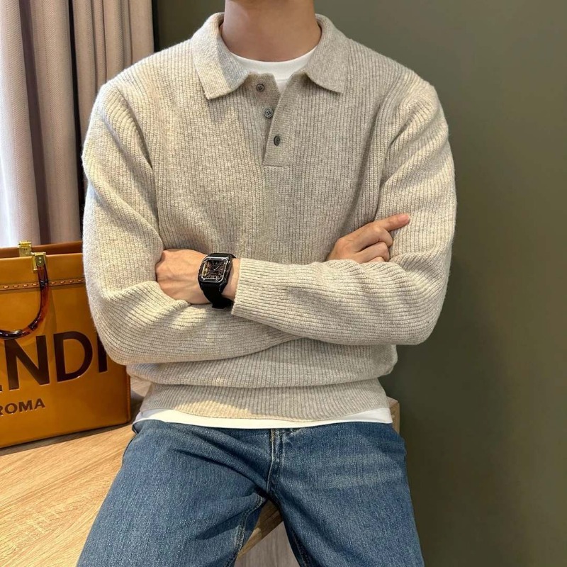 เสื้อโปโลถักแขนยาว ปกปกติ กระด - Ribbed Knit Sweater บทวิจารณ์และราคา