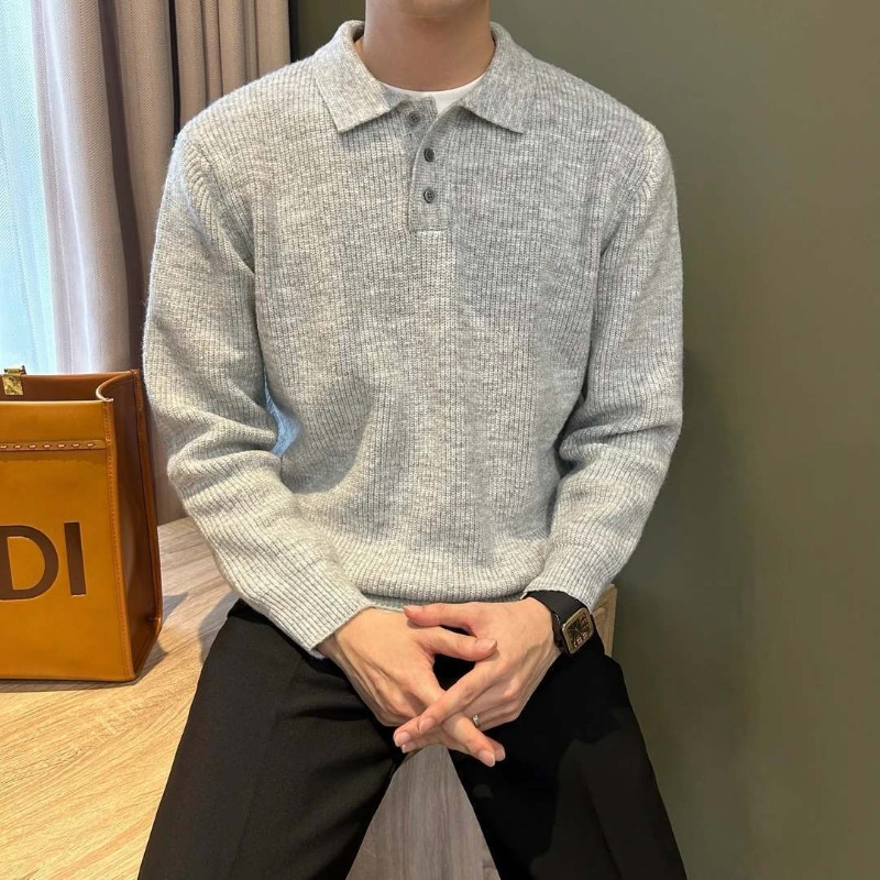 เสื้อโปโลถักแขนยาว ปกปกติ กระด - Ribbed Knit Sweater บทวิจารณ์และราคา