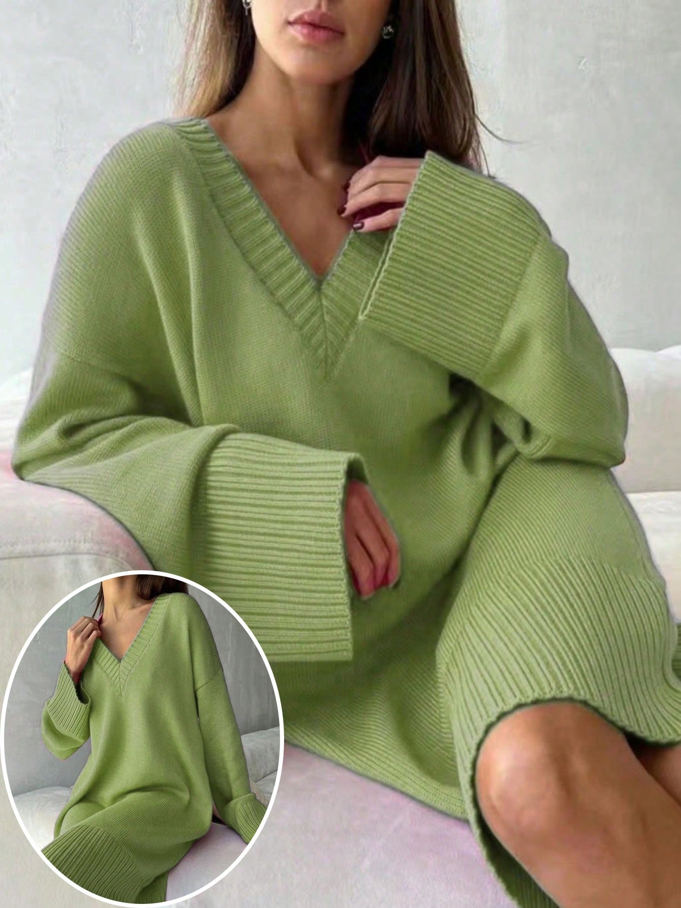 เดรสสเวตเตอร์ผู้หญิงไซส์ใหญ่ ส - Ribbed Knit Sweater บทวิจารณ์และราคา